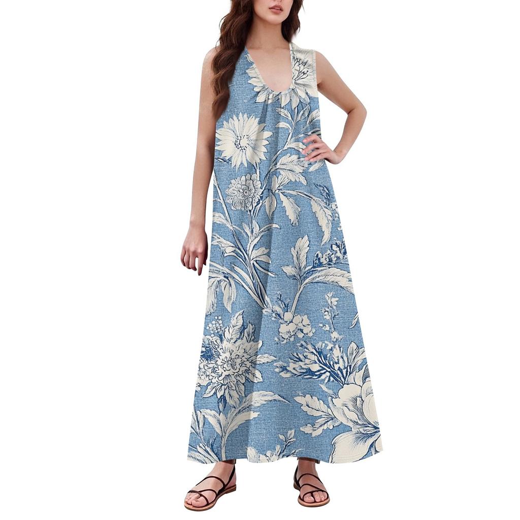 Women's Fashion Casual A-line Retro Printed Hammer Feeling Loose Long Skirt With Pockets