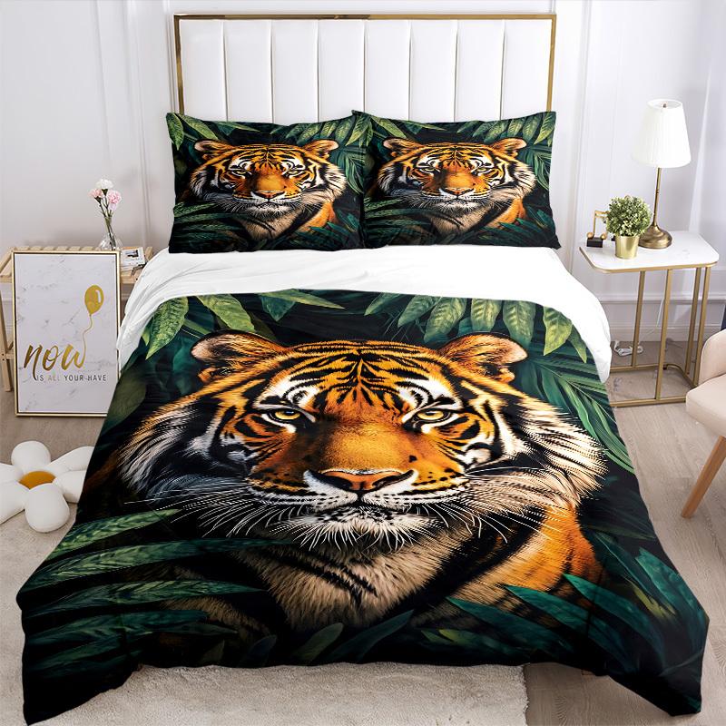 3pcs Tiger Print Duvet Cover Set - Machine Washable, Includes 1 Cover and 2 Pillowcases, No Core Included yy251013095