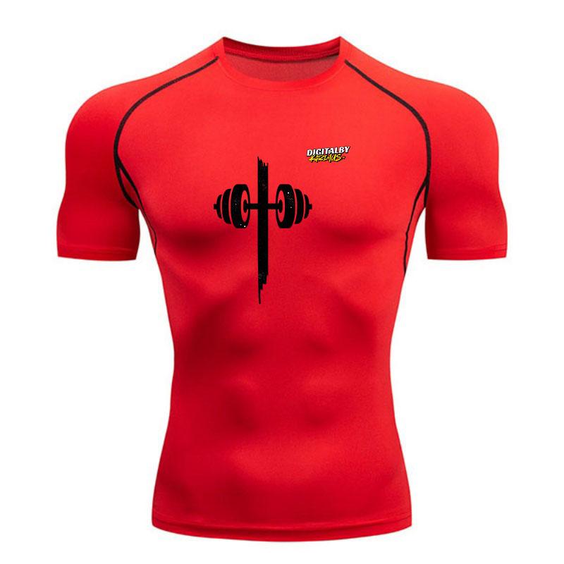 Men's Quick Dry Compression Fitness T-Shirt, Dumbbell Cross