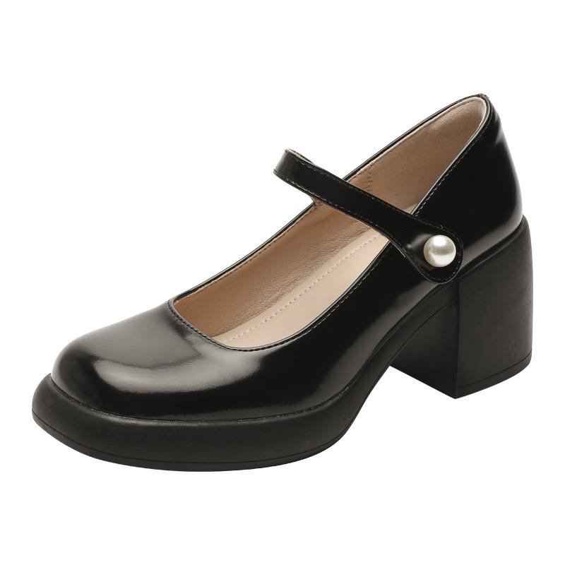 Genuine Leather Mary Jane Shoes Thick Heel Single Shoes for Women's Spring New High Heels Pearl Buckle Retro Shallow Mouth Fairy Shoes