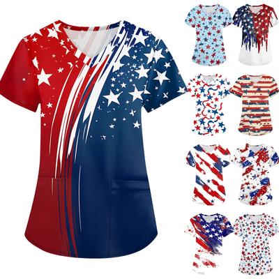 Women's Fashion V-neck Short Sleeve Workwear With Pockets  Independence Day Printed Tops
