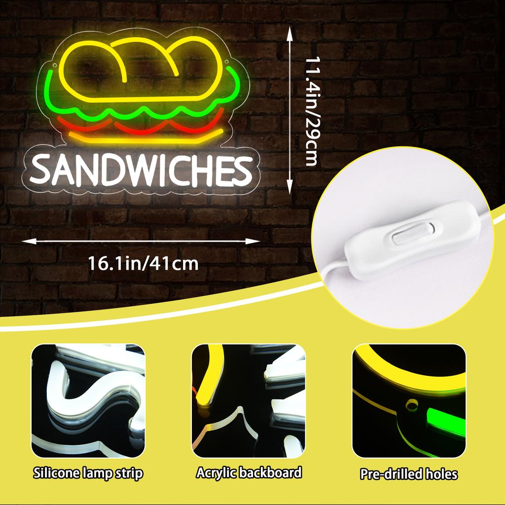 Sandwich Neon Sign for Wall Decor Business Sandwich LED Neon Light Fast food Neon Light Sandwich Signs Decor for Restaurant