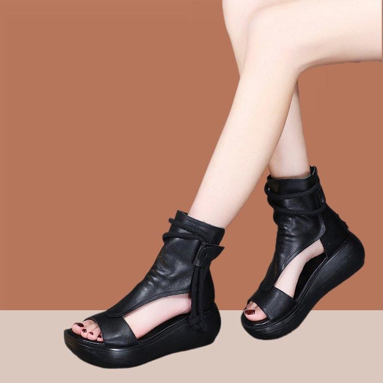 Retro Soft Leather Wedge Heel Platform Sandals New Summer Soft Sole High Top Heightening Muffin Bottom Fish Mouth Roman Shoes