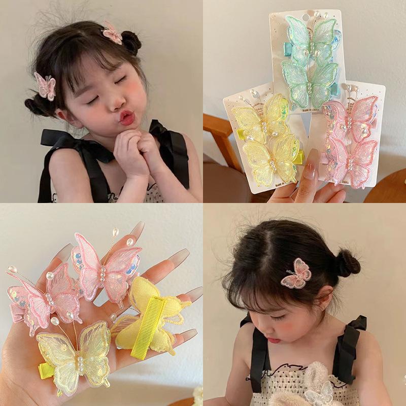 2PCS New Princess Embroidered Butterfly Lovely Girls Hairpins Children Headwear Hairgrip Hair Clips Barrettes Hair Accessories