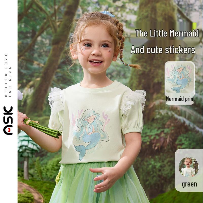 ASK JUNIOR Girls  Cartoon Print Breathable Puff Sleeve T-Shirt 90