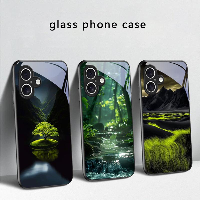 Forest Stream Pattern For iPhone 17 Air 16 E 15 Plus 14 Pro Max 13 12 Mini 11 5 6 7 8 Plus XR XS Max SE Black Glass Phone Case