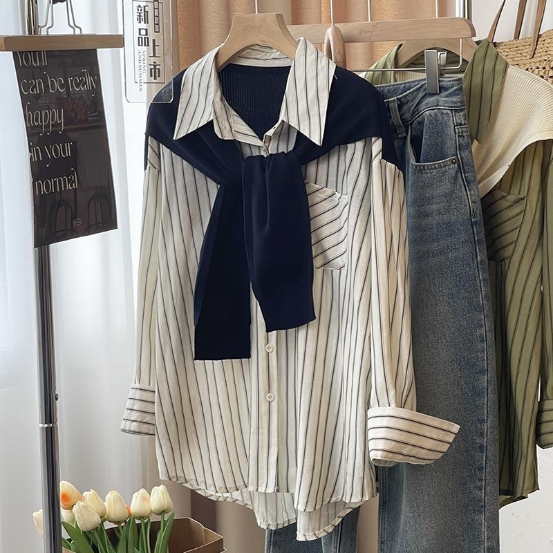 Shirts Damen Fake Zweiteiler Modedesign Allround Locker Stilvoll Studenten Herbst Freizeit Gestreift Koreanischer Stil Zart Vintage