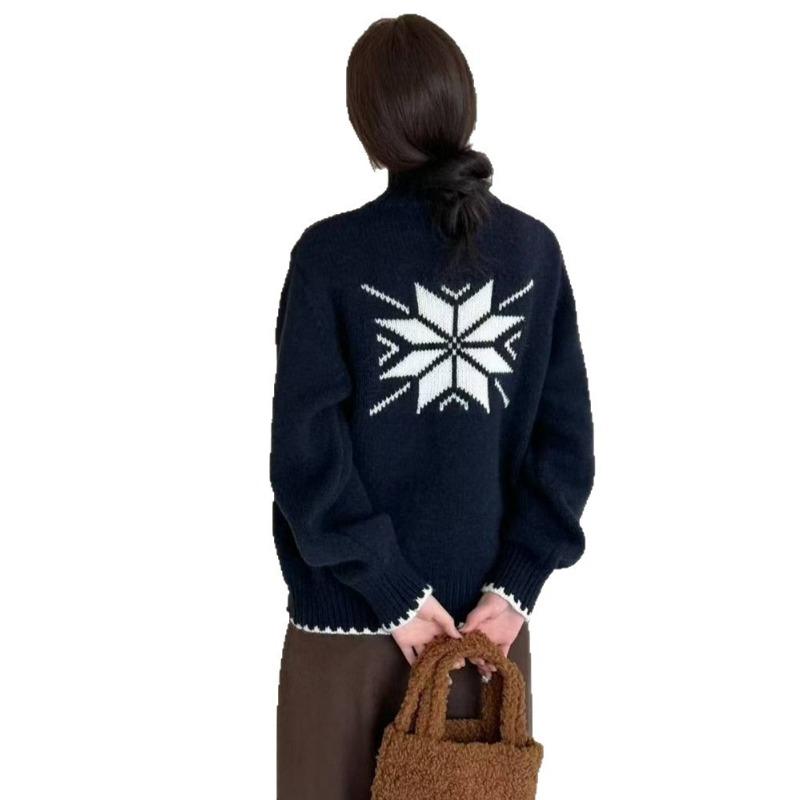 Contrasting color lapel simple casual knitted cardigan top women's autumn and winter new soft waxy loose sweater jacket tide