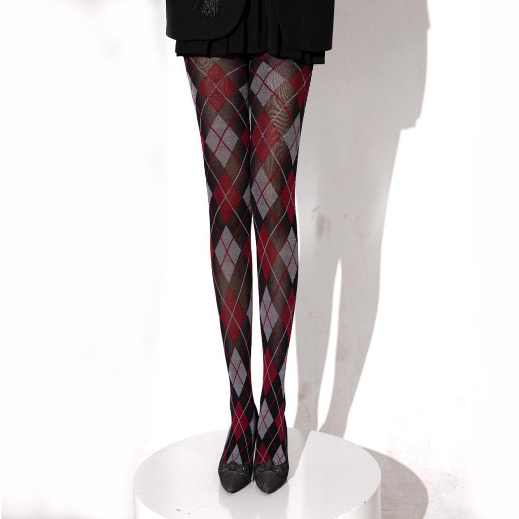 Rautenmuster Retro Schlankmachende Leggings, Tintengrün & Rot Oberschenkelhohe Damenstrümpfe