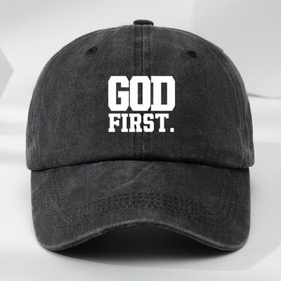 A Fun GOD FIRST Printed Baseball Cap Outdoor Mens Casual Sports Cap Adjustable Washed Vintage Baseball Cap