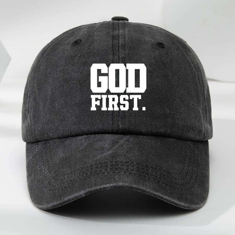 A Fun GOD FIRST Printed Baseball Cap Outdoor Mens Casual Sports Cap Adjustable Washed Vintage Baseball Cap One Size