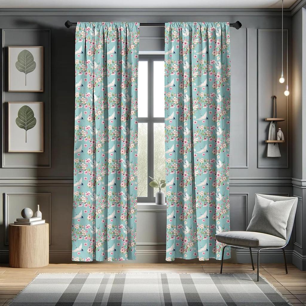 Crane Floral Curtains Oriental Bird Flower Print for Living Room Window Decor
