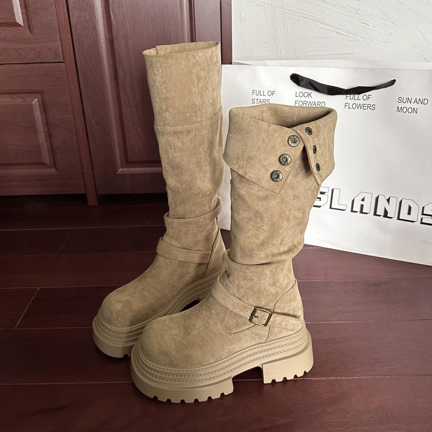 

Queen Fan retro thick-soled thick-heeled heightened boots for women s autumn 2025 new models with skirts and thin knight boots 39 хаки