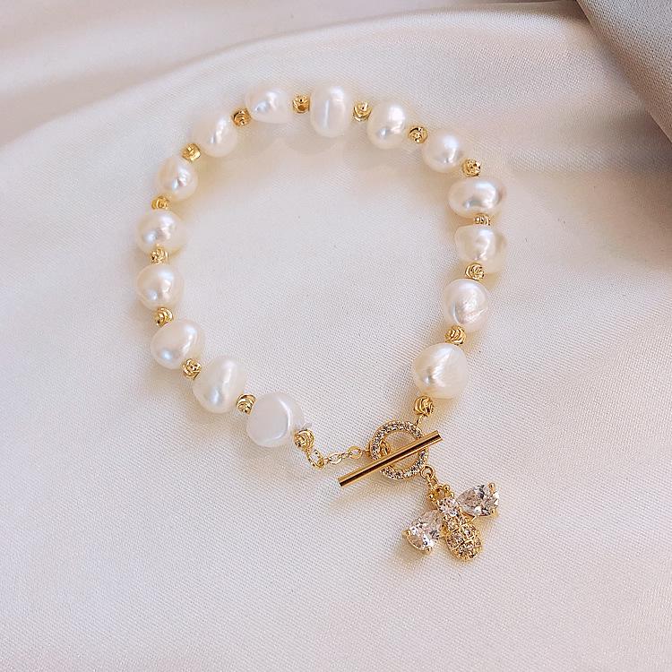 Natural Pearl & Zircon Bee Bracelet - Elegant Light Luxury Bangle for Women