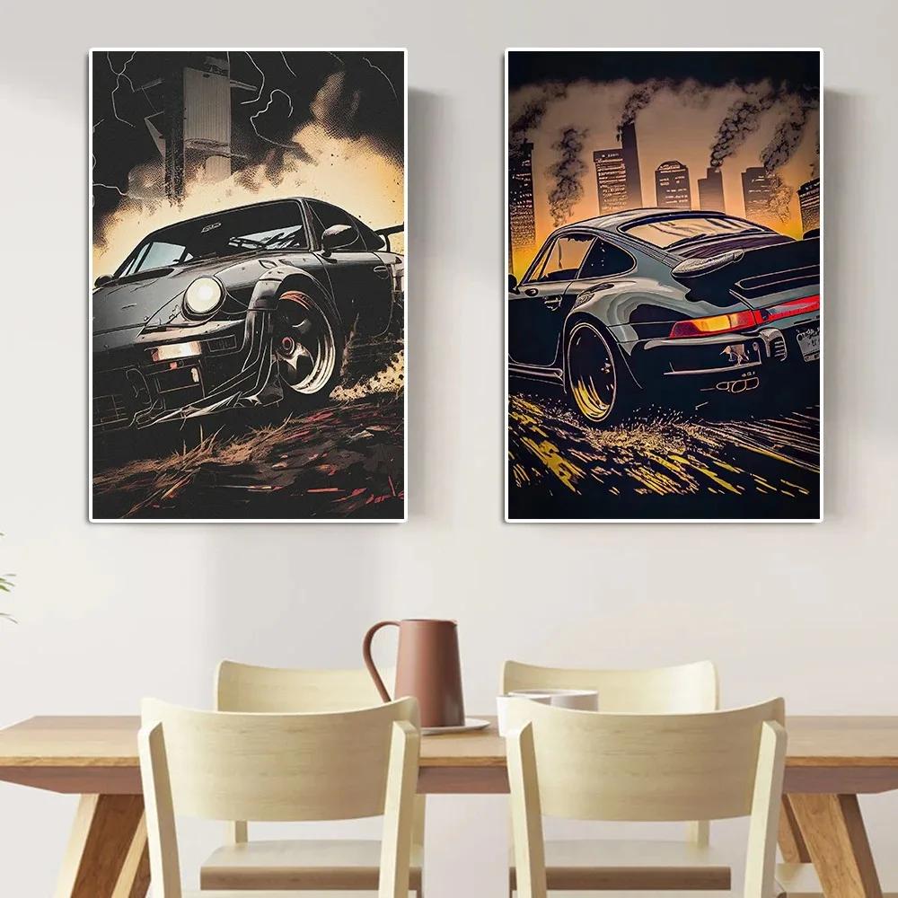 Vintage Racing Comic Illustration Luxury Sports Car Travel Poster Supercar Wall Art Canvas Painting Mural Gaming Room Home Decor