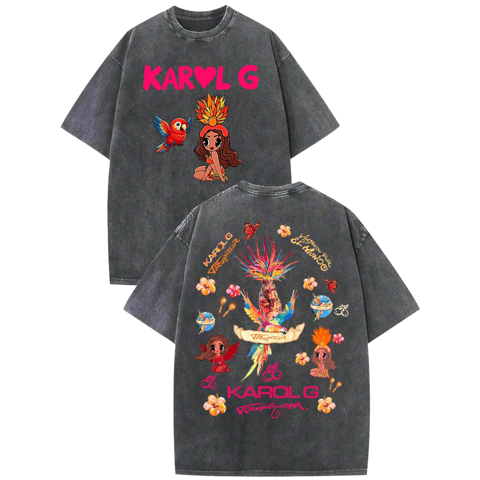 

Karol G Viajando Por El Mundo Tropitour Washed Cotton Tshirt Vintage Women Man Short Sleeve Graphic T Shirts S