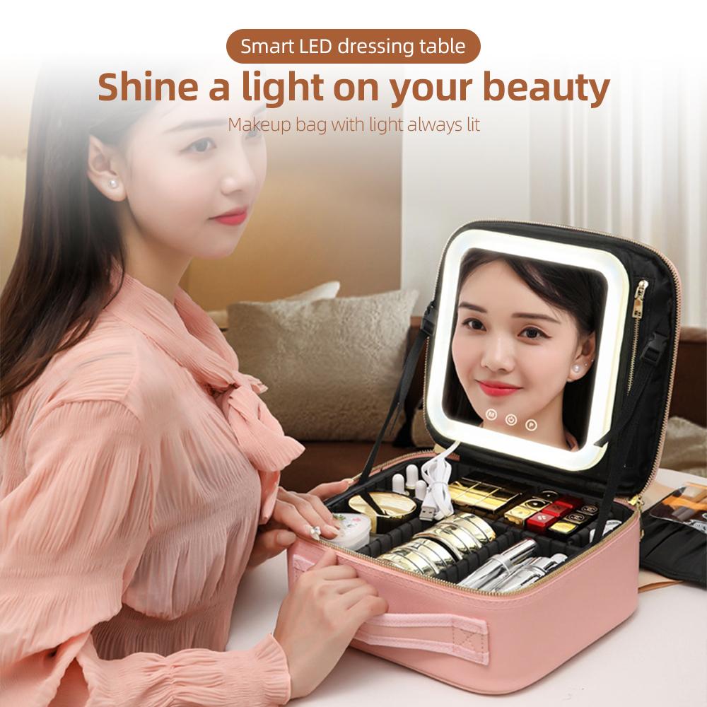 Travel Makeup Train Case with Mirror LED Light Adjustable Brightness Large Capacity Cosmetic Bag