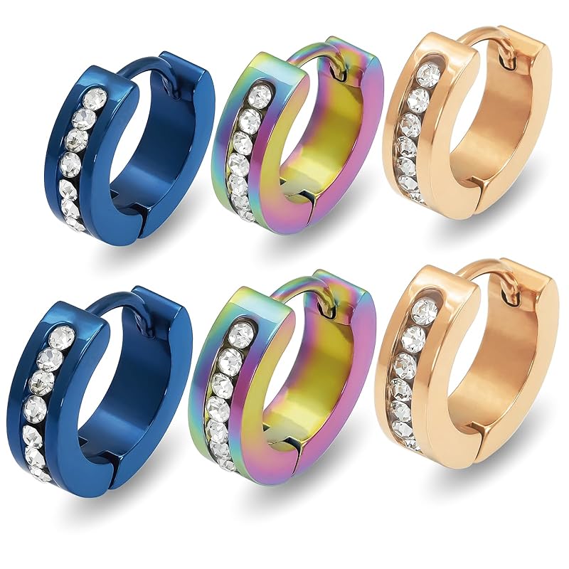 

[Adelina Style] hoop earrings Popularity Thick width 4mm 7 grain cubic zirconia mirror surface 3 pairs Leave it on 18G men s ladies ring earrings