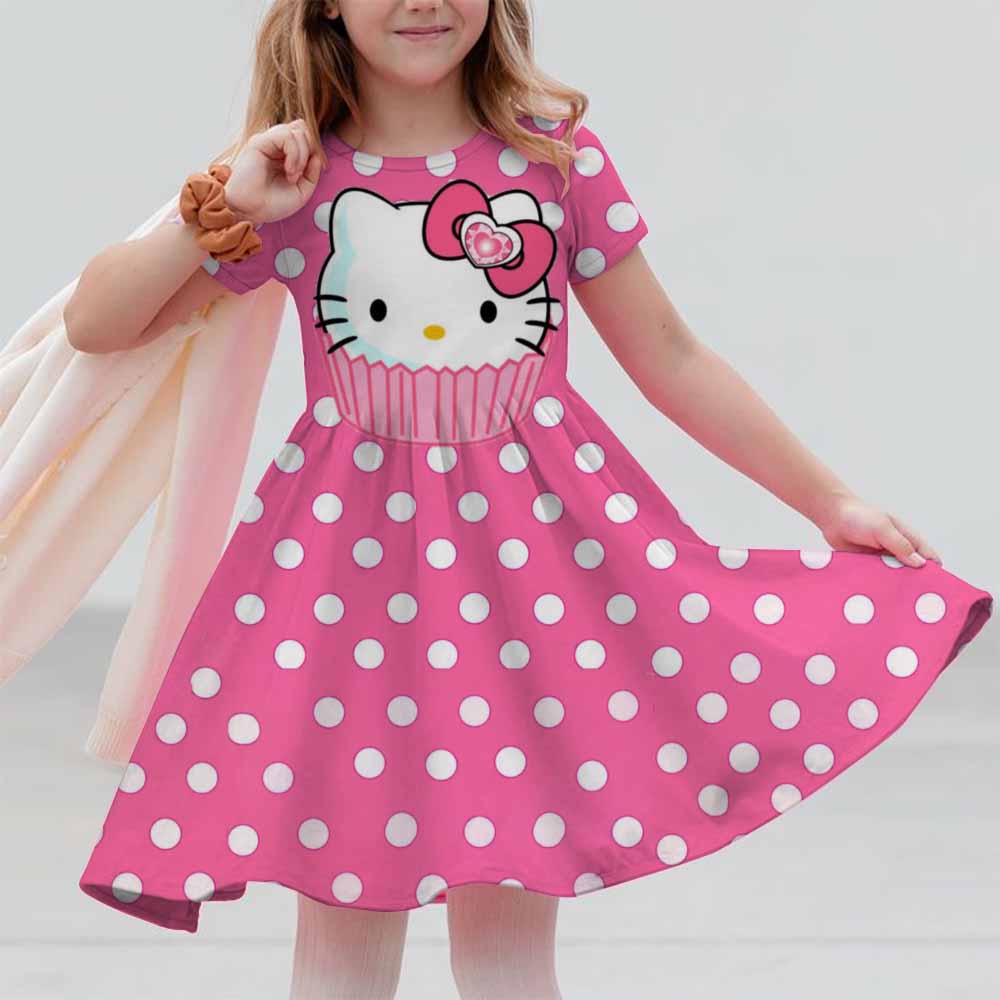 

Sanrio New Summer 3-14 Year Old Girl Kuromi Hello Kitty Printed Short Sleeved Dress Loose And Comfortable Party Home Dress 100