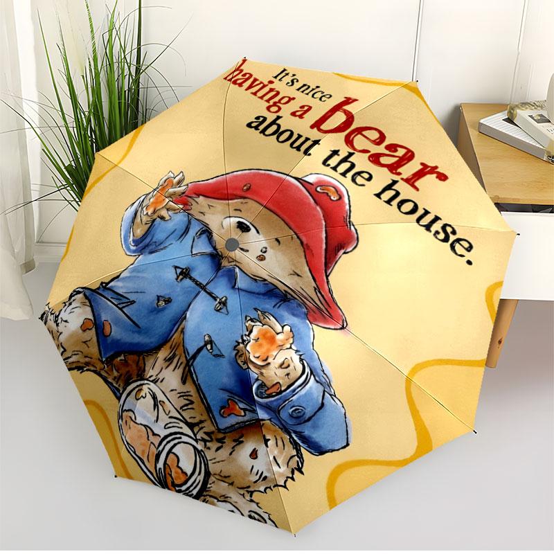 Paddington Bear Print Automatic Open Close Umbrella, Portable Foldable Umbrella, for Outdoor Commute Camping Trip, Ideal Birthday Gift