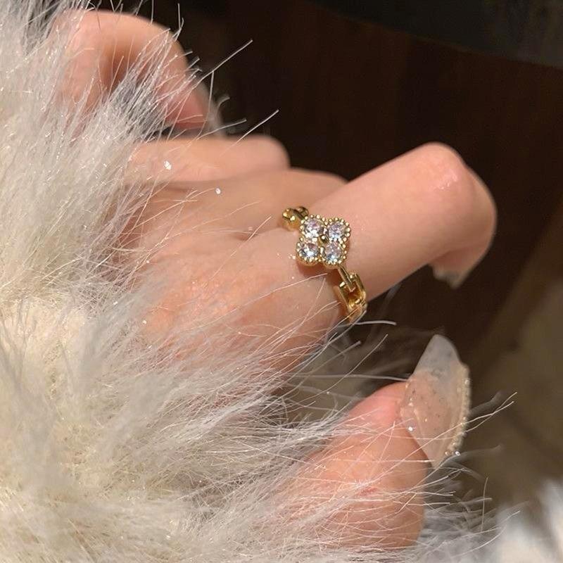 French gold wind zircon flower opening ring niche high-end index finger ring exquisite elegant versatile jewelry women