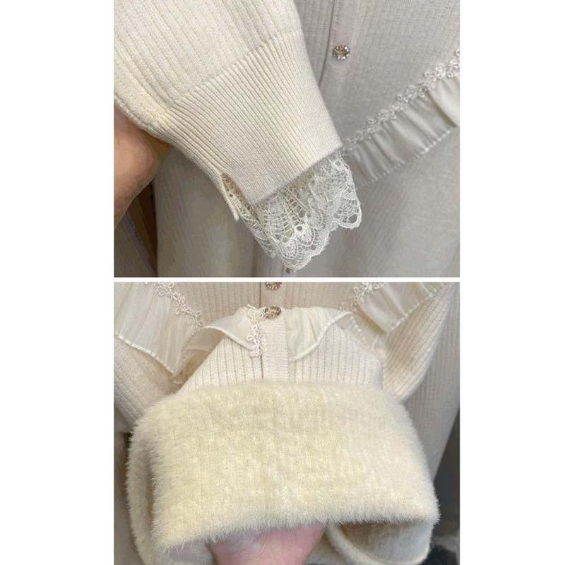 Women Ruffles Lace Patchwork Cashmere Sweater Autumn Winter Casual Knitted Jumpers Long Sleeve Slim Pullovers