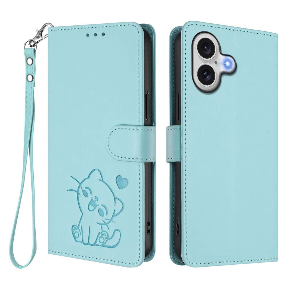For iPhone 17 Wallet Case with Wrist Strap Love Cat Pattern Imprint Leather Phone Cover