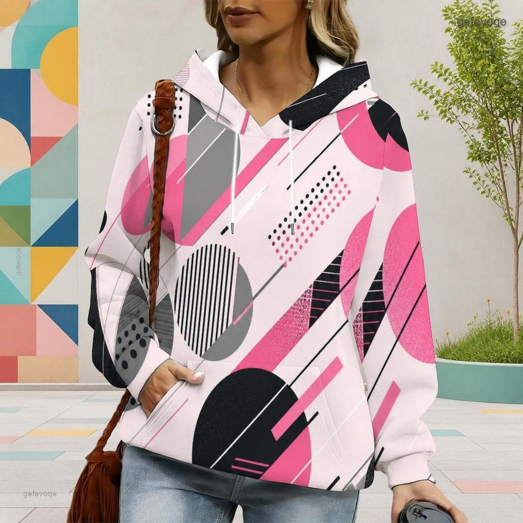 Women Plus Size Geometric Printed Long Sleeve Drawstring Hood Kangaroo Pocket Pullover Hoodie
