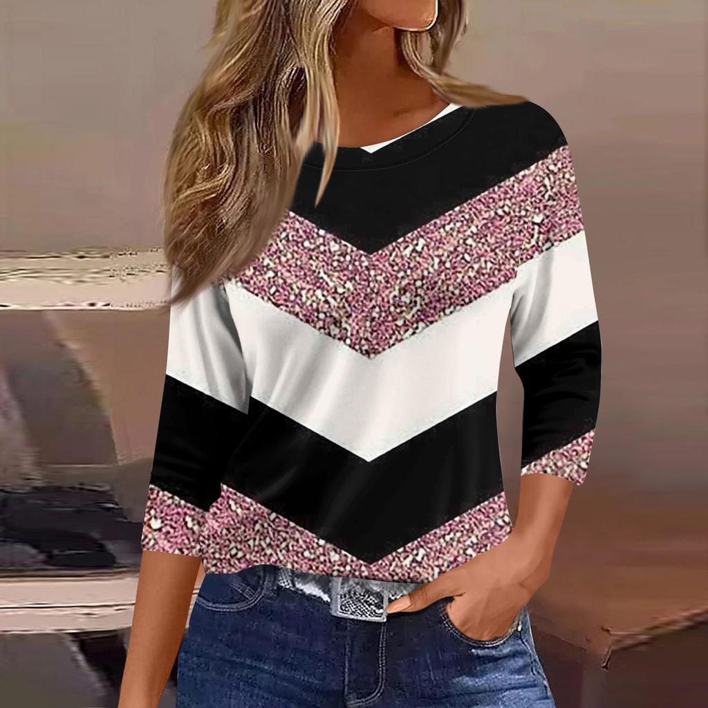 Women's Fashionable Casual Round Neck T-Shirt With Striped Patchwork Print And Three-Quarter Sleeves