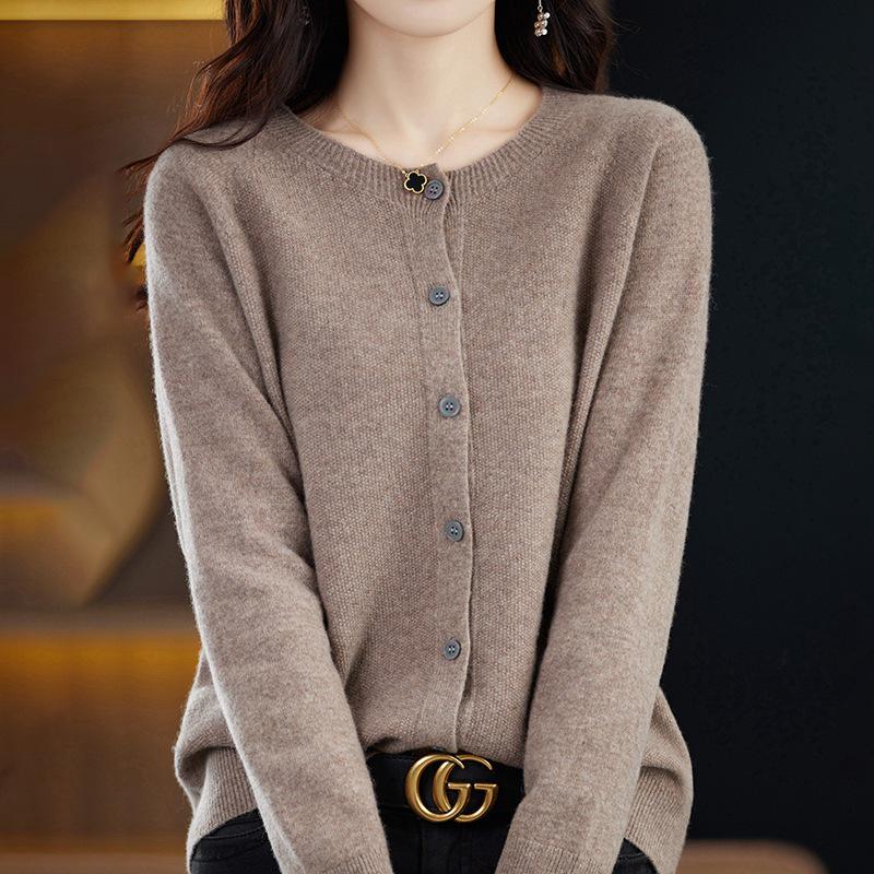 Women's Round Neck Knit Cardigan - Korean Style Loose Sweater, Garter Stitch Outerwear for Spring and Autumn