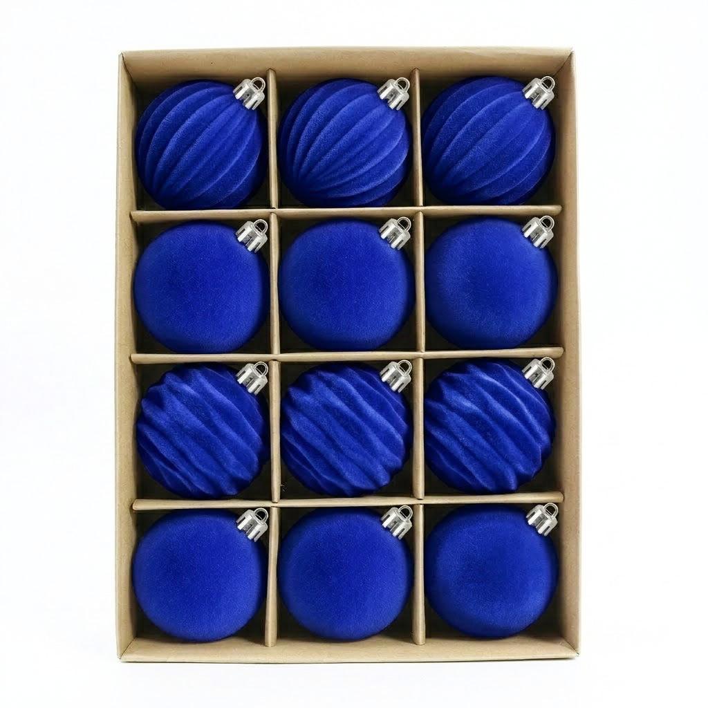 12Pcs Flocked Christmas Bauble Set, Boxed Plastic Xmas Hanging Balls, 6cm & 8cm Luxury Decor Ornaments for Christmas Tree