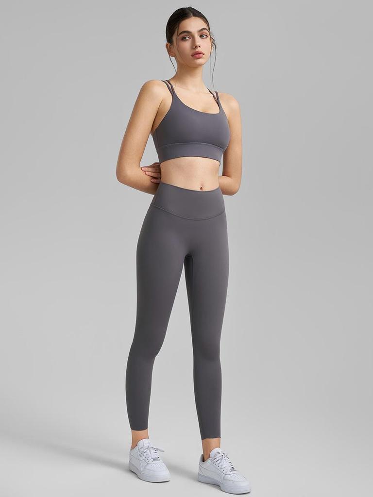 Two-Piece Fitness Set: Seamless Yoga Pants & Cross-Back Sports Bra with Fixed Cups - Women