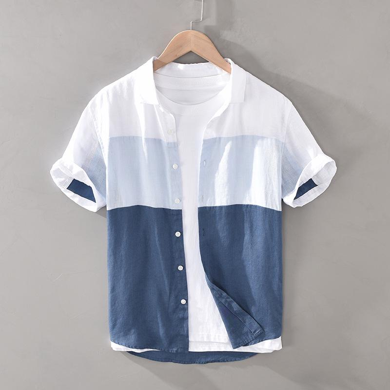 1728 Men's Breathable Loose-Fit Linen Square Collar Short Sleeve Shirt