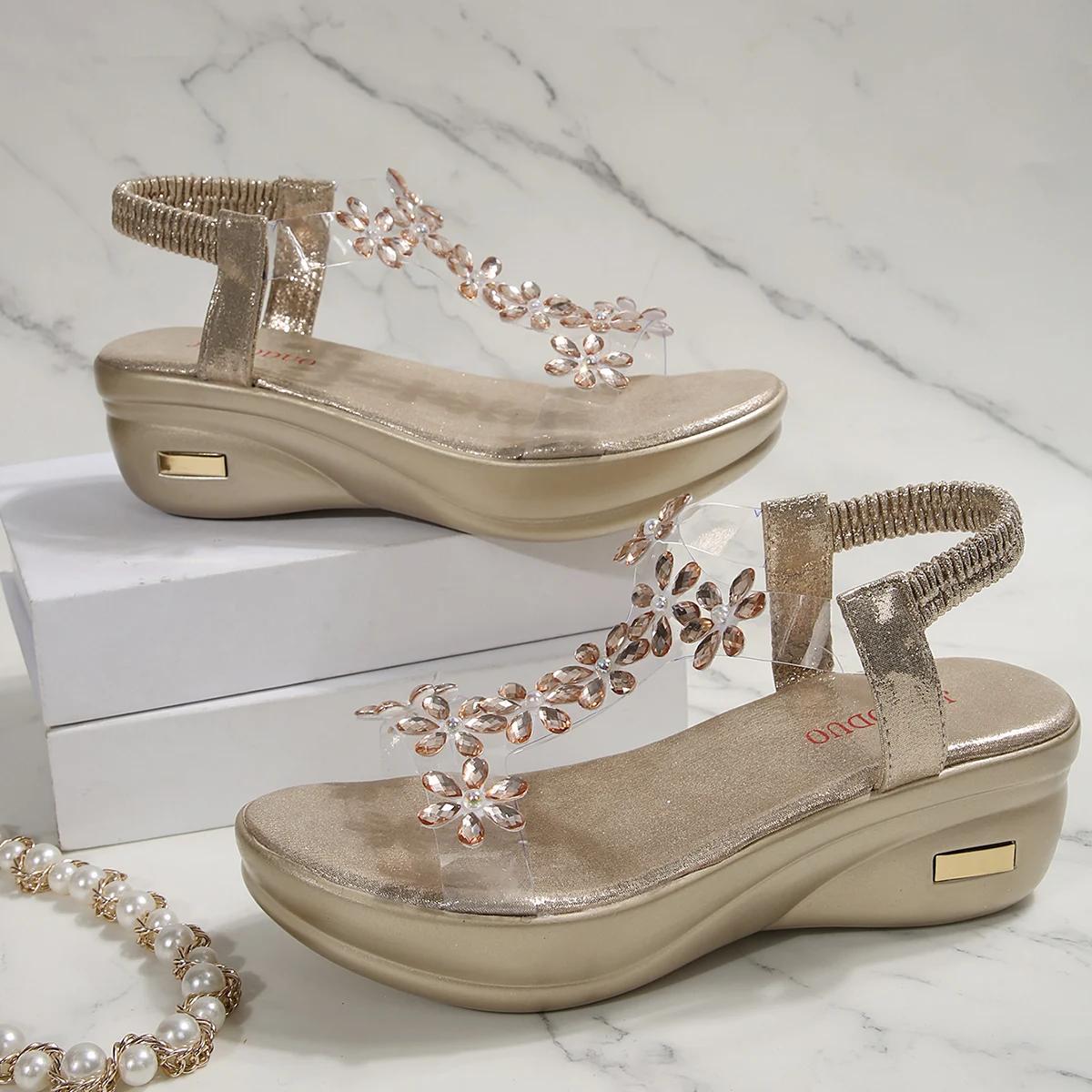 

Fashion New Women Sandals Chunky Heel Platform Sandals Ladies Crystal Flower Decoration Shoes for Women Back Strap Fashion Shoes Female 43 золотой