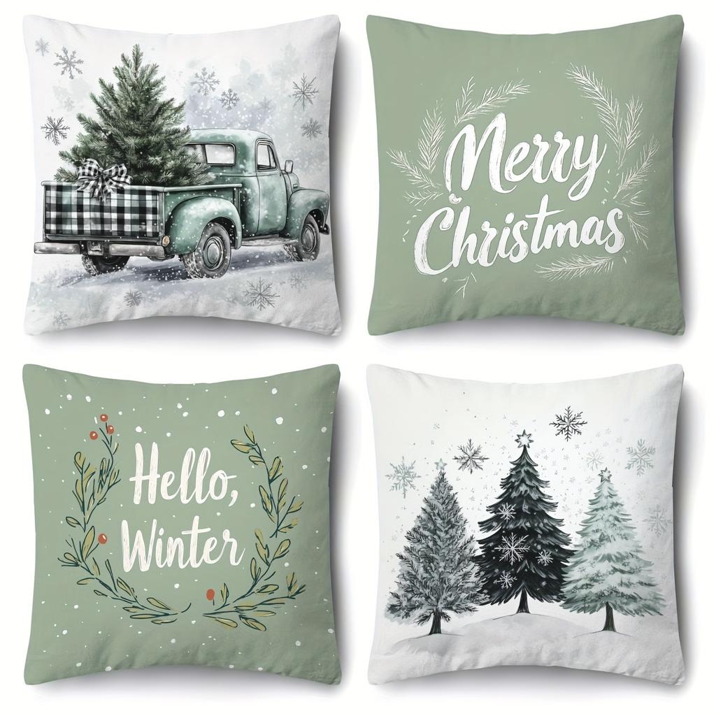 Christmas Pillow Covers: Vintage Truck, Merry Christmas, Hello Winter, and Snowy Trees Sofa Room Cushion Cover Home Decoration