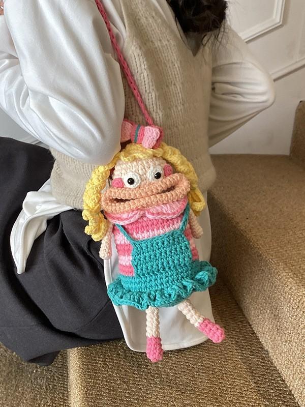 Cartoon Plush Woolen Phone Bag For Women With Knit Design And Shoulder Strap