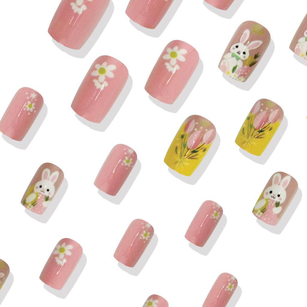 24 Pieces Fashion Cute Easter Themed Press On Nails Full Cover False Nails with Floral and Bunny Patterns for Nail Art Decoration