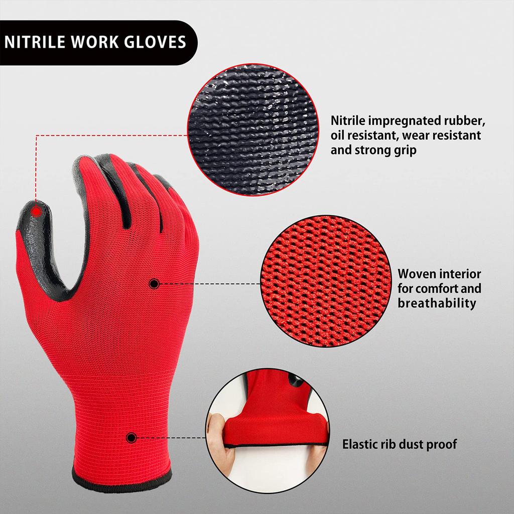 12 Pairs Work Gloves Anti Slip Oil Resistant Nitrile Coated Glove 23.5cm Red Black Set for Labor Protection Safety