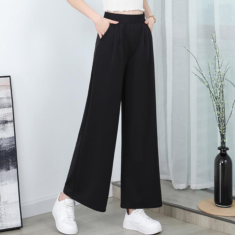 Women High Waist Elastic Wide‑Leg Cropped Pants With Pockets High‑Stretch Casual 9‑Points Trousers S‑3XL