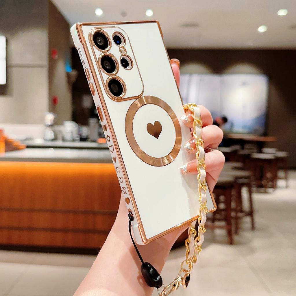 Samsung Galaxy S25 Ultra ümbris, ühilduv MagSafe'iga, armastuse südamega galvaniseeritud pehme TPU kate käerihma ja ketiga