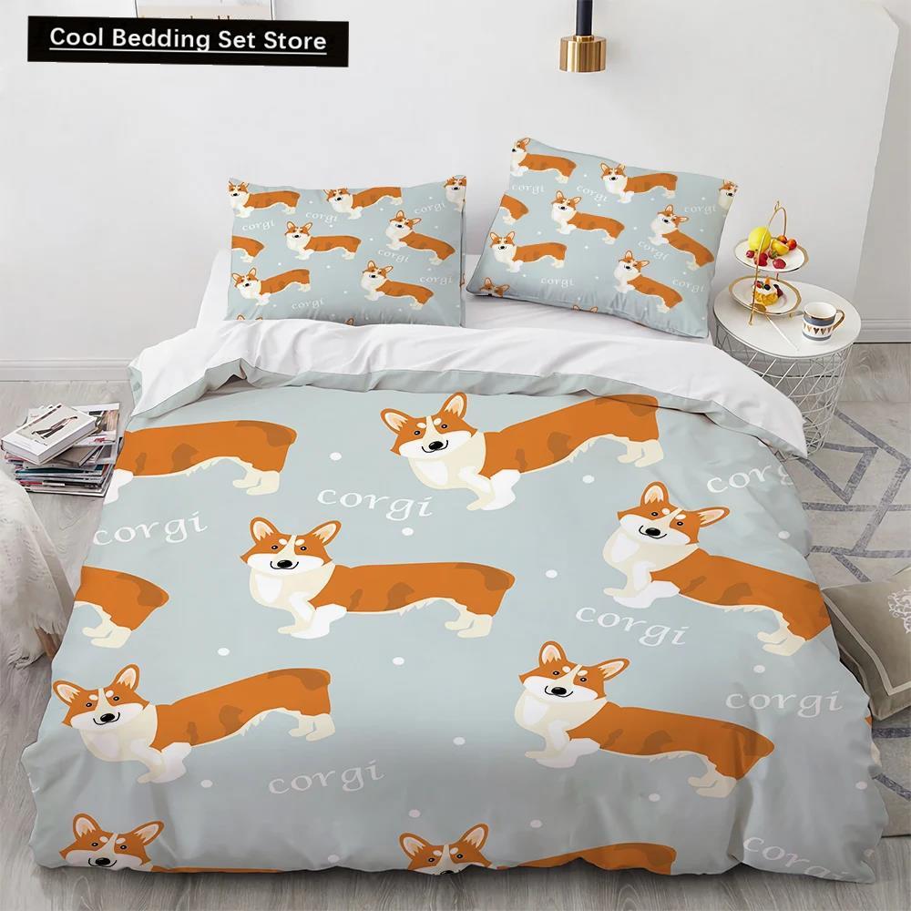 Corgi Dog King Queen Duvet Cover Yellow Cartoon Puppy Bedding Set For Kids Boys Girls Kawaii Pet Animal Pink 2/3Pcs Quilt Cover