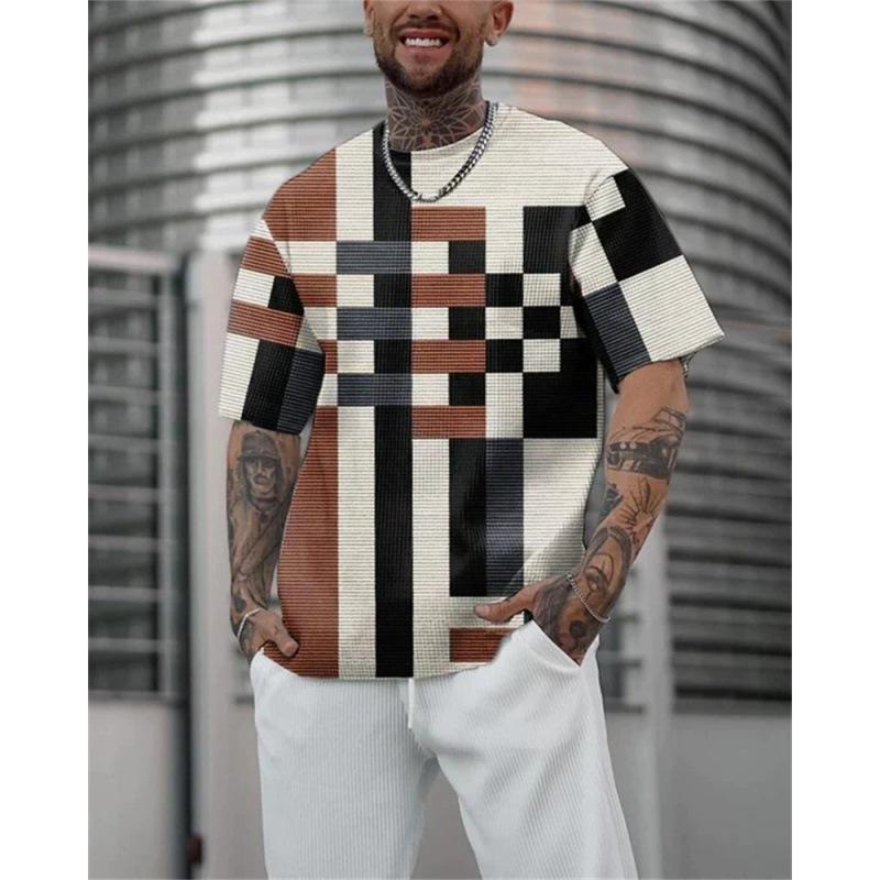 Tricou de vară pentru bărbați retro negru alb cu model geometric cu linii cubice, cu imprimeu mare, mânecă scurtă, top casual