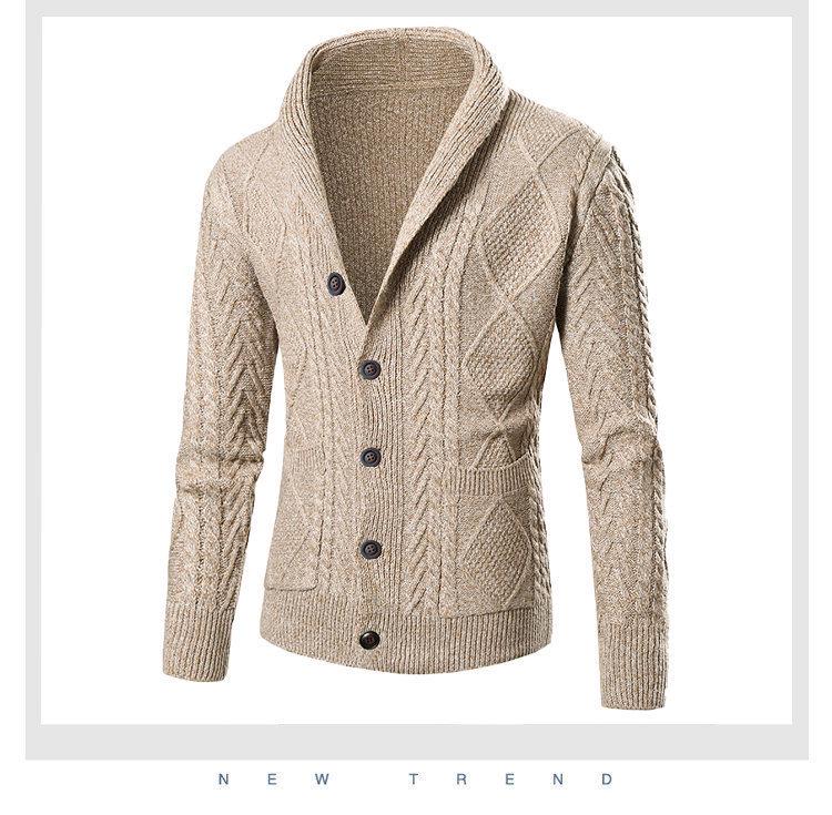 Suéter Cardigan Masculino Plus Size de Tricô com Tranças e Gola Lapela - Peça de Roupa Casual da Moda