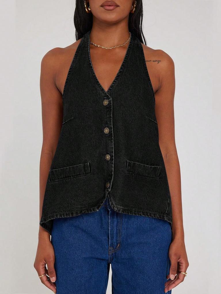 Women's Cropped Quilted Puffer Vest Stand Collar Lightweight Button Down Sleeveless Jacket