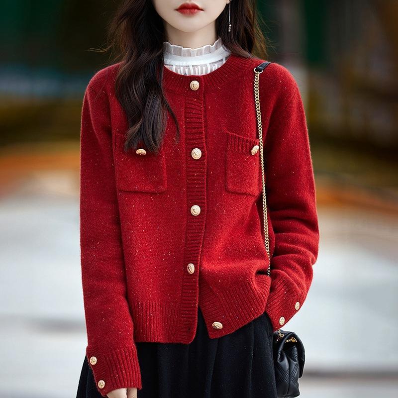 

GMXIA Вязаное пальто Lazy Little Fragrance для женщин, осенне-зимний свитер с круглым вырезом, модное пальто из разноцветной пряжи One size красный