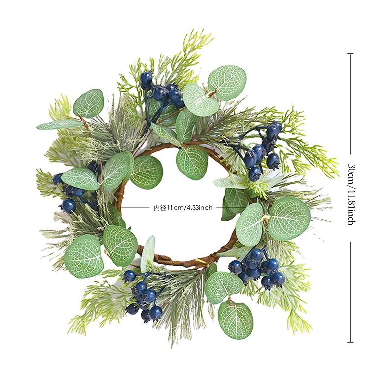 Christmas Wishing Candlestick Wreath Simulation Blueberry Berry Pine Needle Candle Wreath Eucalyptus Wax Ring Decoration
