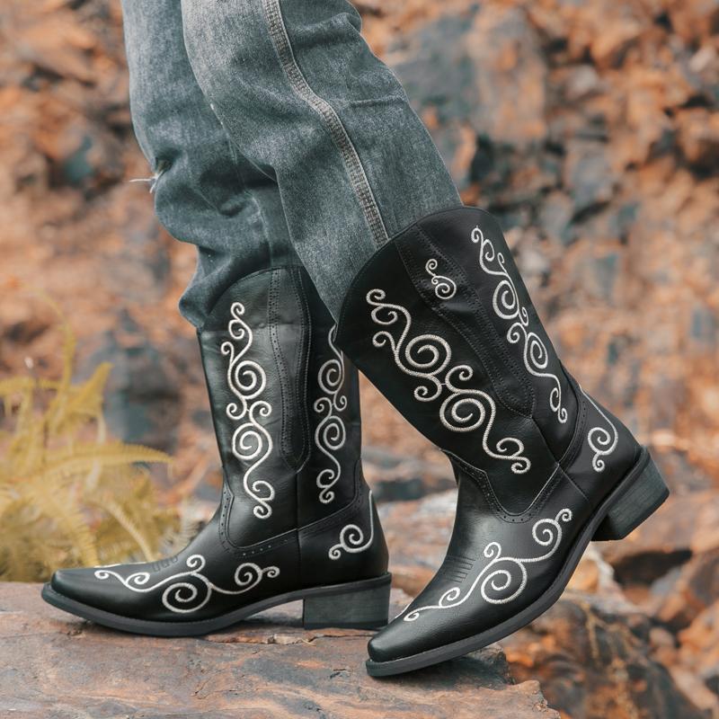 Fashion Boots Men PU Black Brown Hand Embroidered Western Cowboy Boots European and American Ethnic Style Chelsea Boots Size 38-46