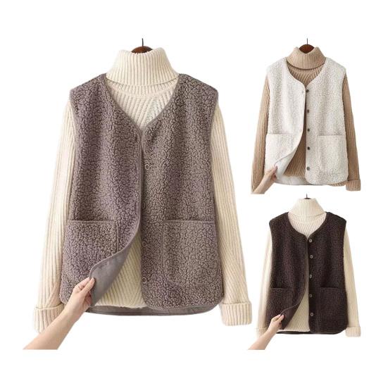 Women's Fleece Vest with Pockets Casual Button Down Sleeveless Jacket Oversized Fuzzy Vest Fall