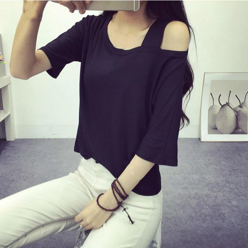 

Летняя женская футболка с открытыми плечами для девочек, топы с короткими рукавами, однотонные XXL чёрный