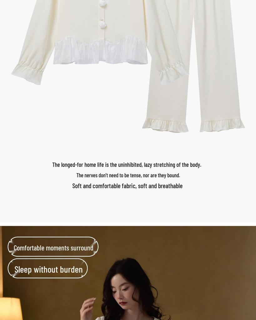 White Rose French Sweet Ice Silk Women's Pajama Set, Spring/Autumn, Long Sleeve, Indoor/Outdoor Wear